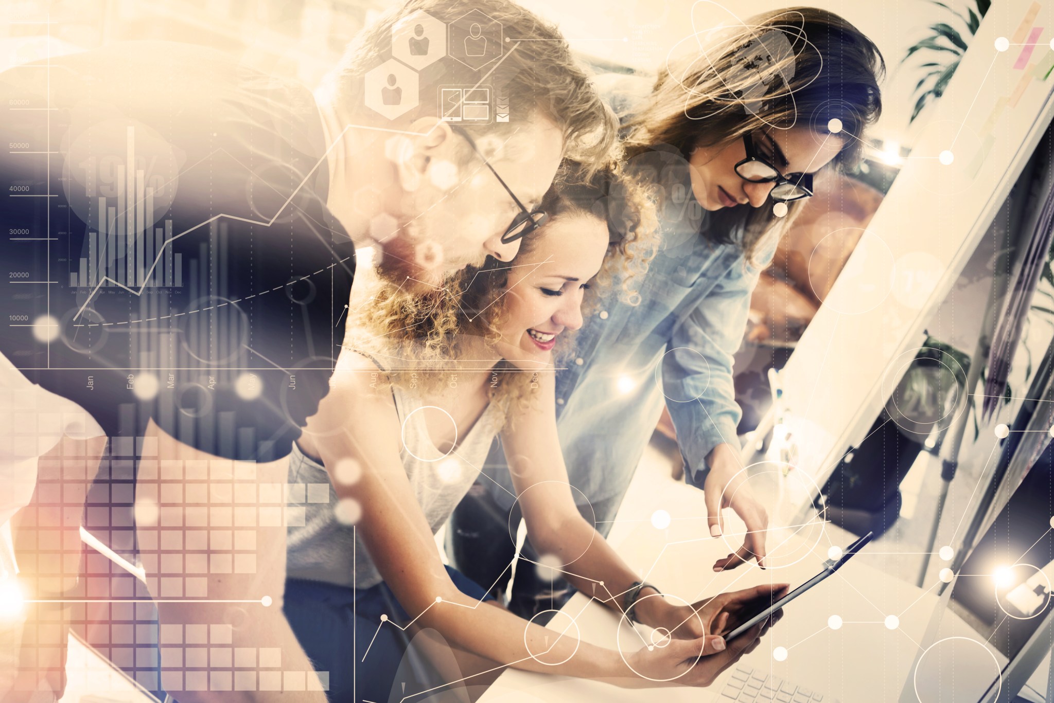 Coworkers Team Modern Office Place.Account Manager Work New Business Idea Startup Presentation.Woman Touching Digital Tablet Screen.Desktop Computer Wood Table.Virtual HiTech Diagram Interface Concept